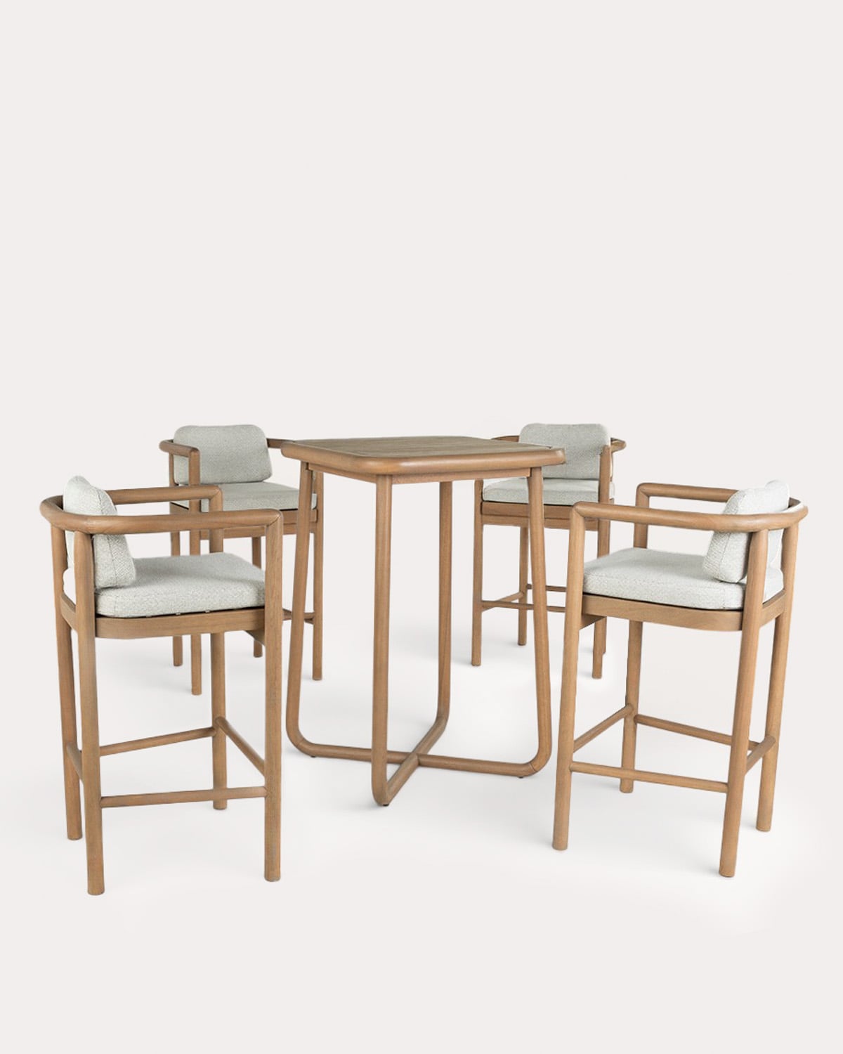 Hochtisch-Set (70x70 cm) und 4 Barhocker aus Eukalyptusholz und Stoff von Elnes, Galeriebild 1
