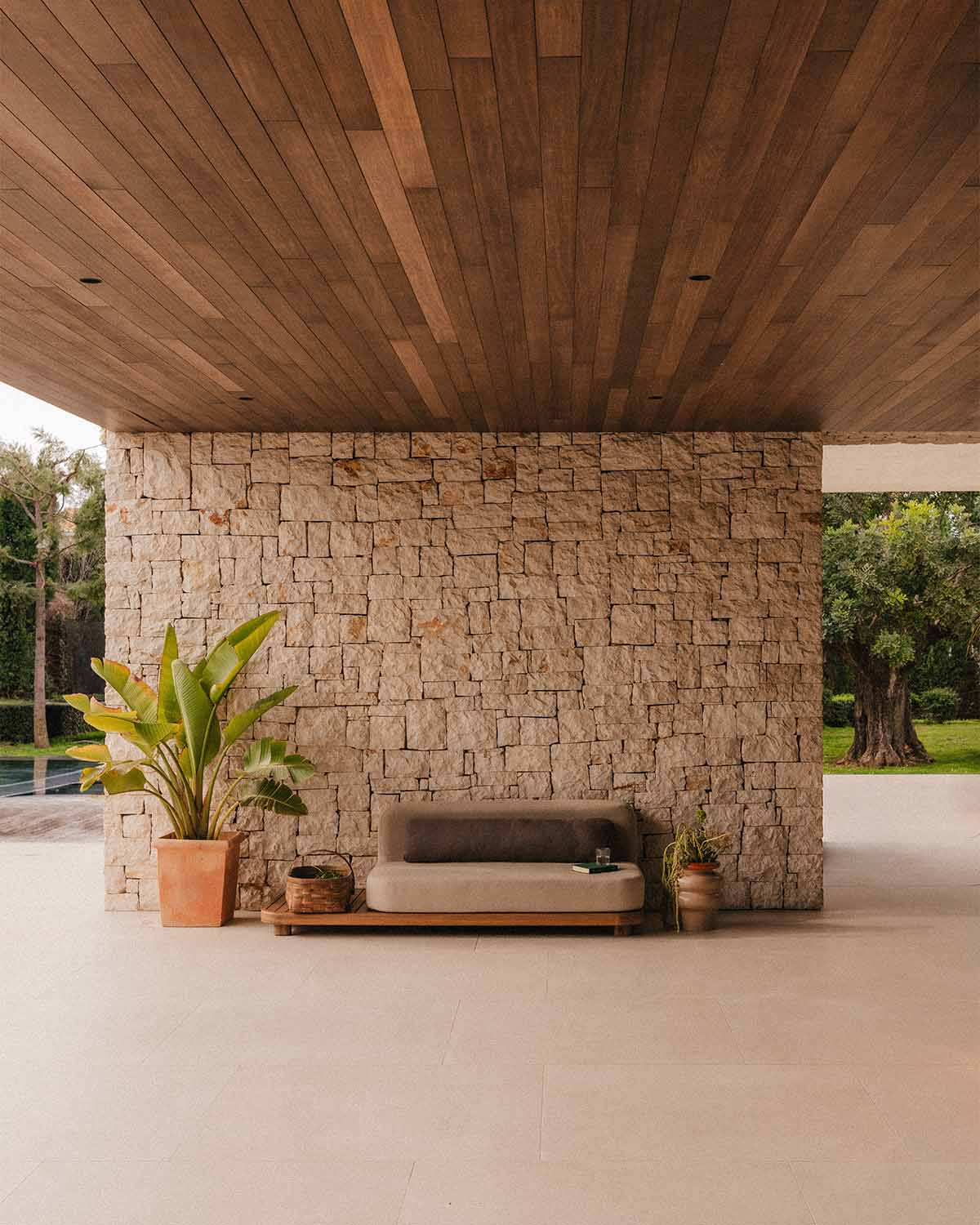 Modulares Sofa-Modul für 2-Sitzer-Gartensofa mit Beistelltisch aus Akazienholz und Stoff Redik, Galeriebild 2