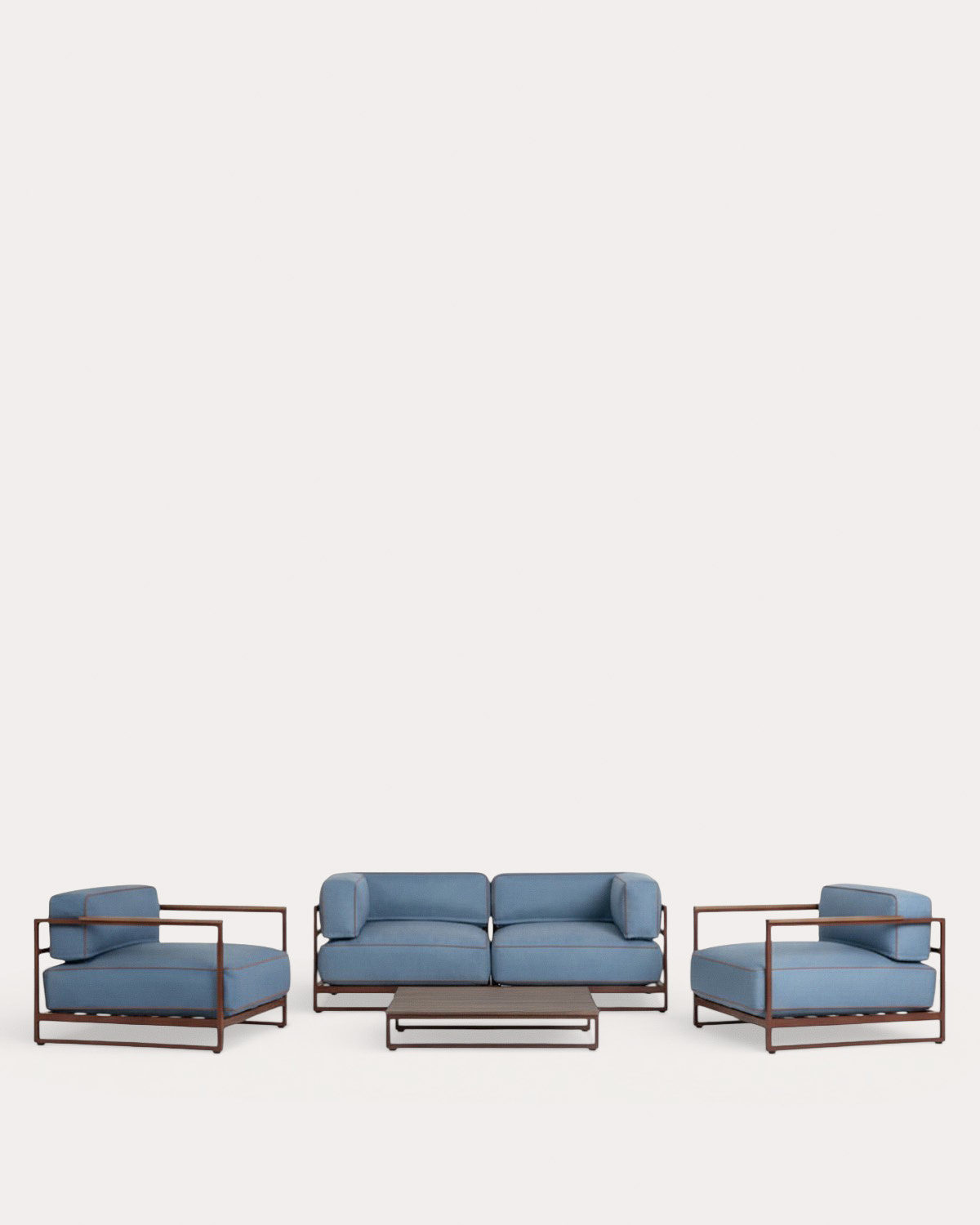 Garten-Set mit 2 Eckmodulen, 2 Sesseln und Couchtisch aus Metall und Stoff Kristen