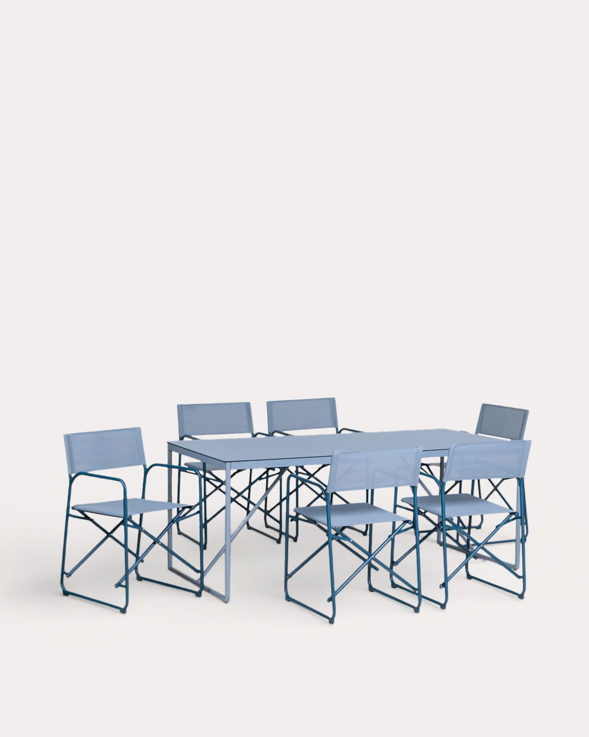 Rechteckiges Tischset (185x85 cm) und 6 Metall- und Stoff-Gartenstühle Bowye, Galeriebild 1