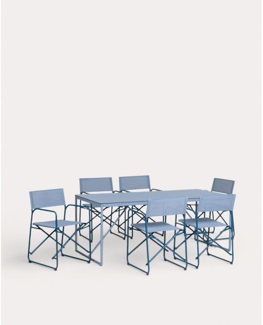 Rechteckiges Tischset (185 x 85 cm) und 6 klappbare Metall- und Stoffstühle für den Außenbereich Bowye