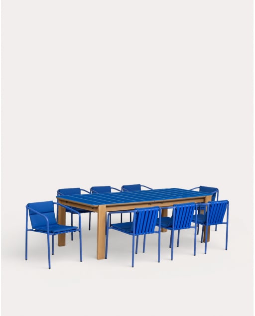 Rechteckiger Ausziehtisch (225-330x100 cm) Ubel und Vinke 8 Gartenstühle mit Armlehnen aus Metall und Stoff