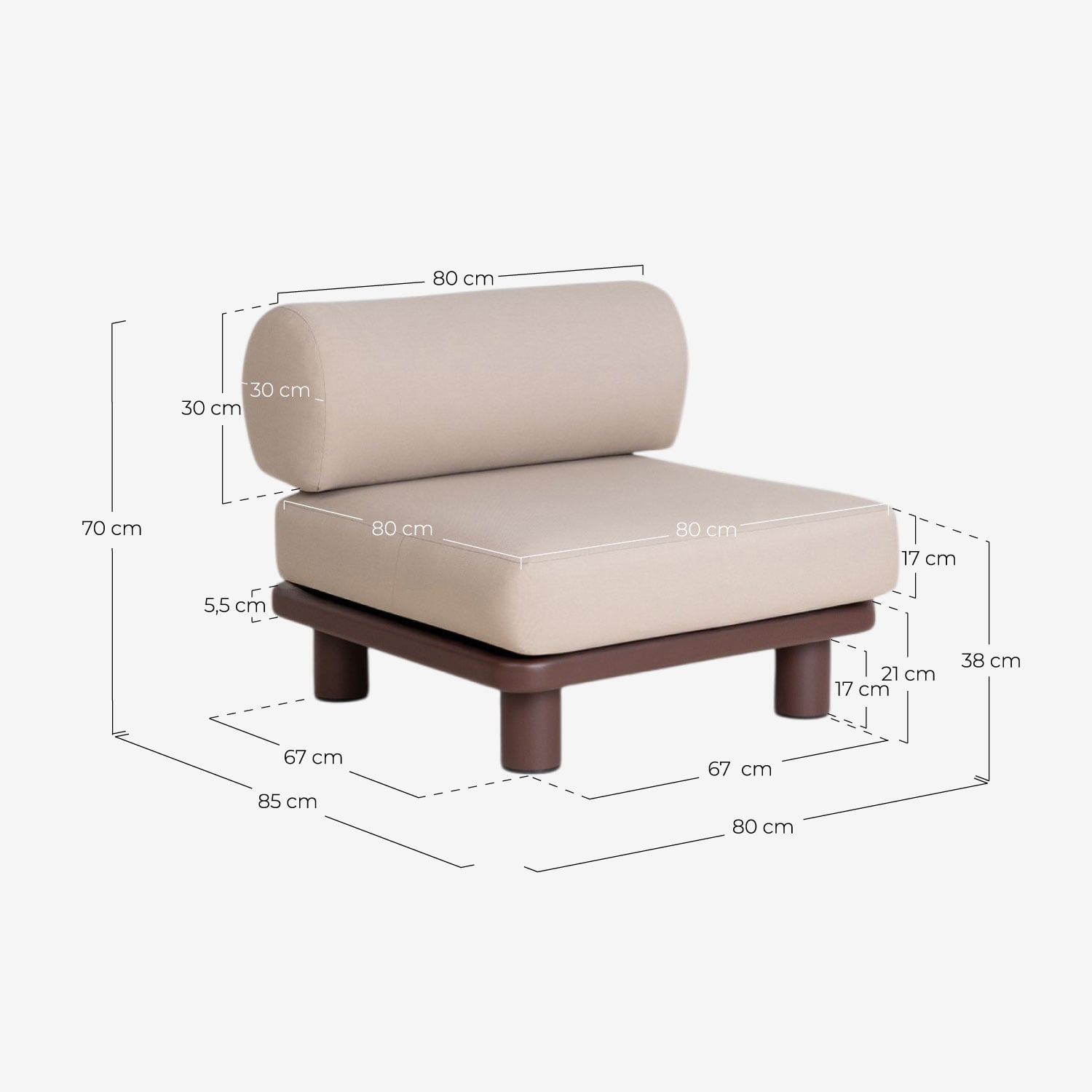 Modulares Gartensofa 2-teilig Mittelmodul aus Aluminium und Stoff Lantana, Ma&szlig;e