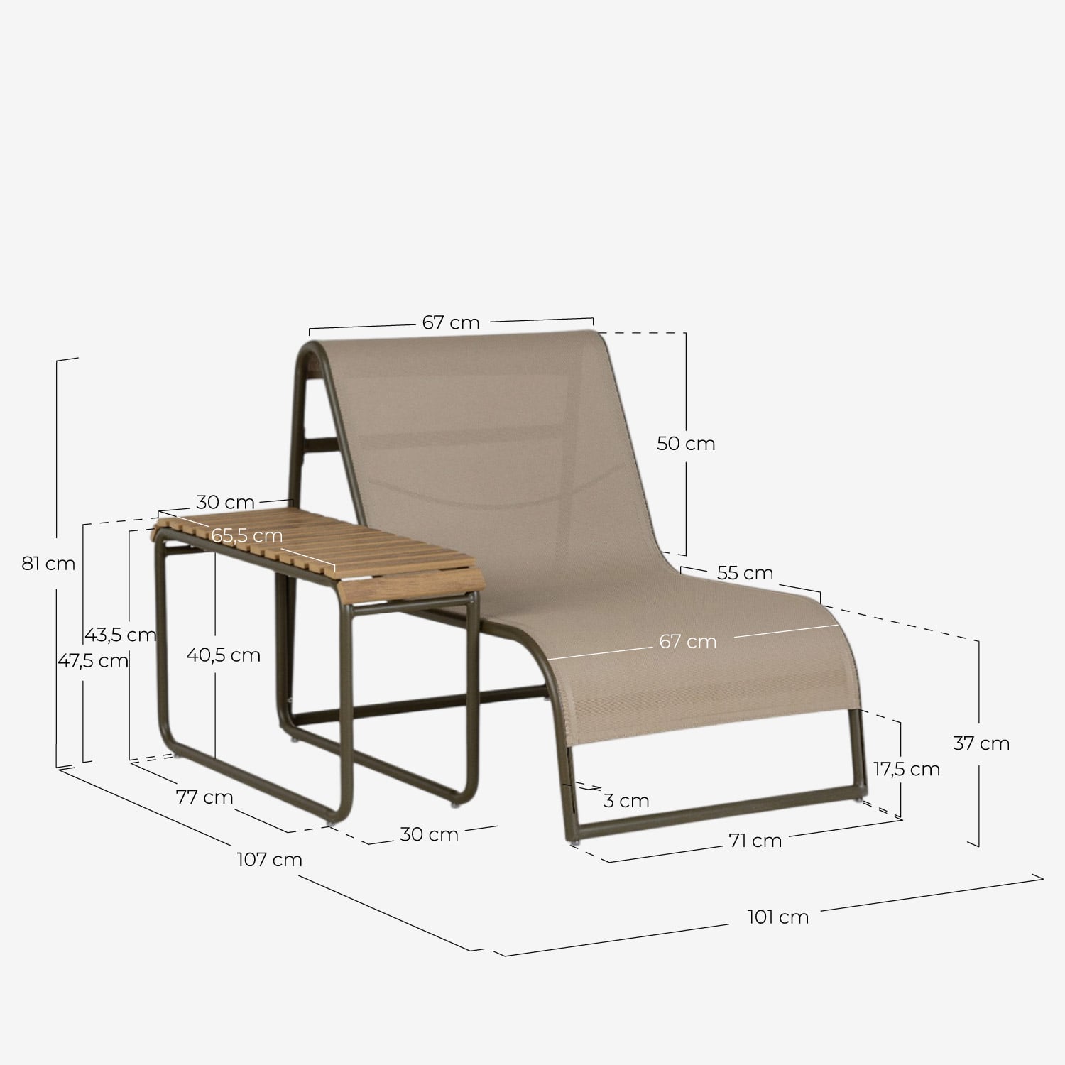 Garten-Sesselset mit Aluminium-Beistelltisch Dreisi, Ma&szlig;e