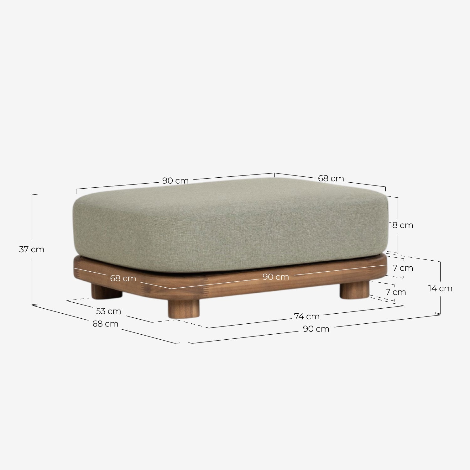 2-Teiliges Modulares Gartensofa-Set Sofa-Modul und Eckmodul mit Akazienholz und Stoffhocker Redik, Ma&szlig;e