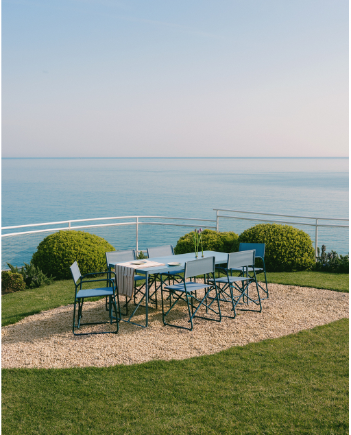 Set mit rechteckigem Tisch 185x85 cm und 6 klappbaren Gartenstühlen aus Metall und Stoff Bowye