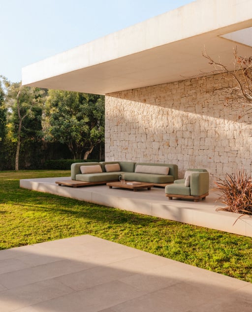 Gartenmöbel-Set mit 2 Sofaelementen, Eckelement, 2 Mittelelementen und Couchtisch aus Akazienholz und Stoff Redik