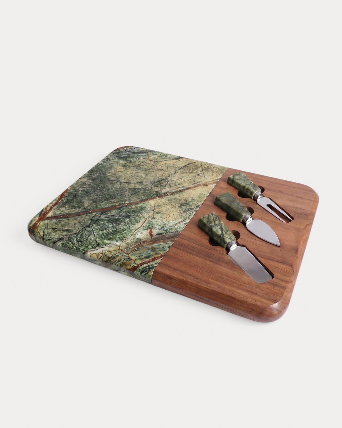 Käsebrett-Set aus Marmor und Akazienholz mit 3 Messern Serbal, Galeriebild 1