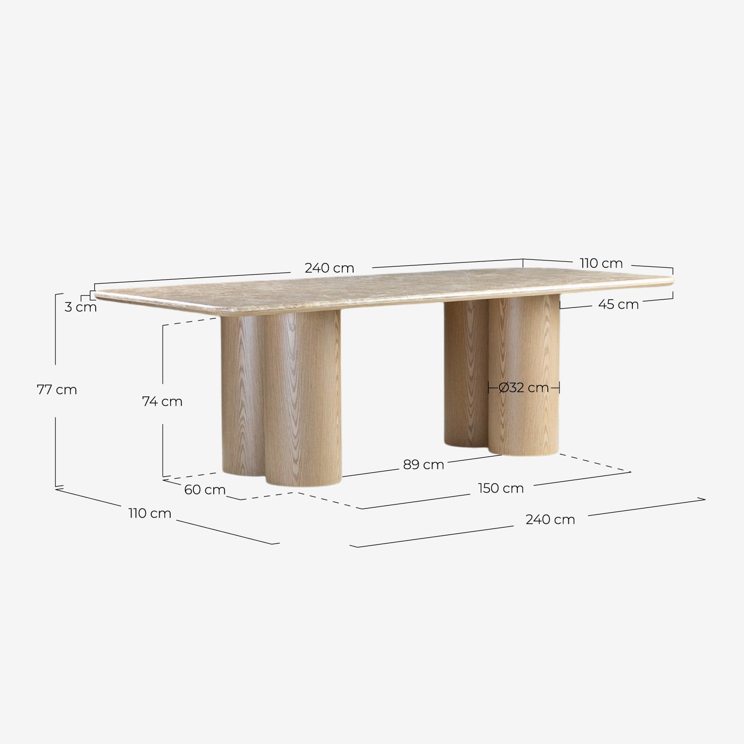 Rechteckiger Esstisch aus Marmor und Holz (240x110 cm) Aegir, Ma&szlig;e