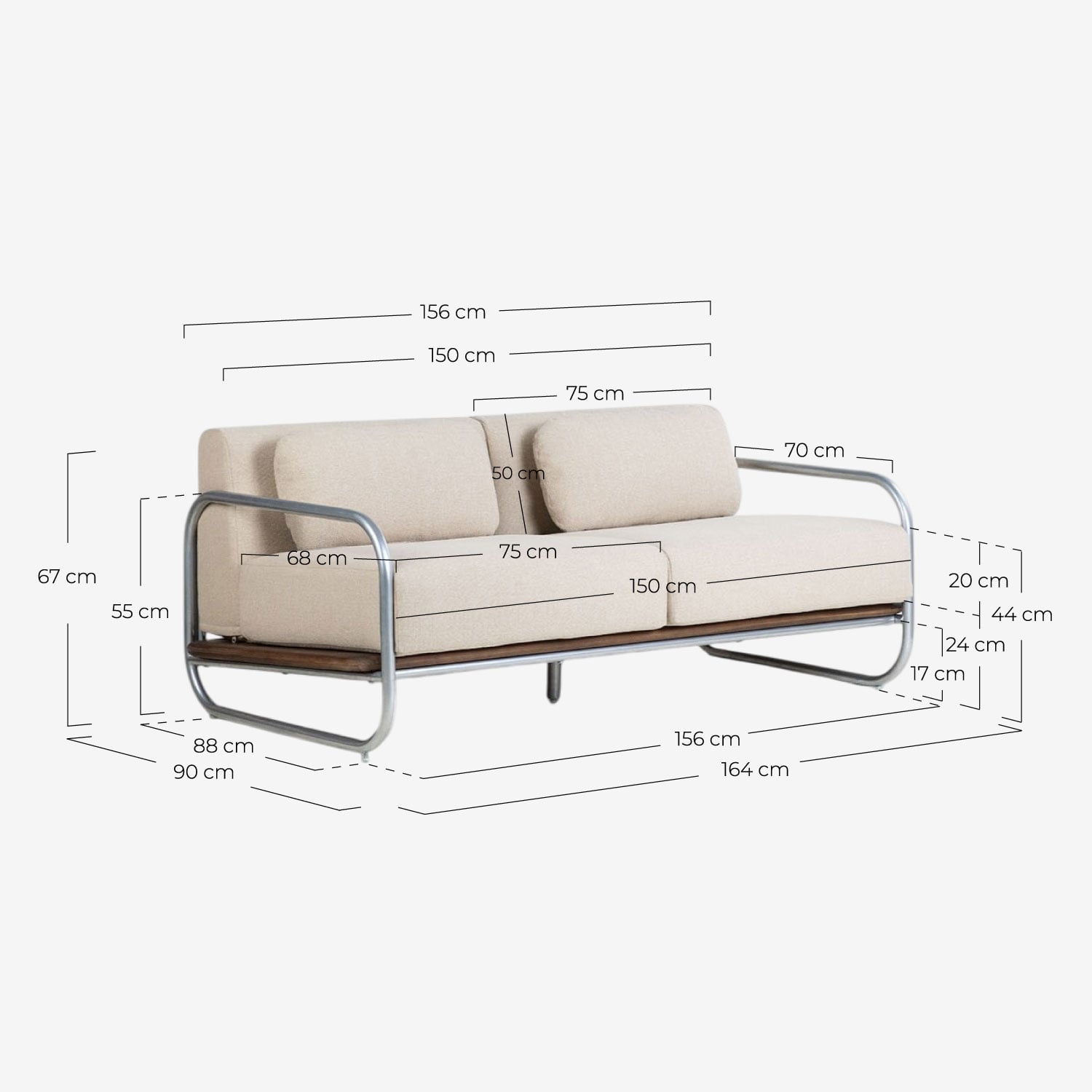 2-Sitzer Gartensofa aus Metall und Stoff Ahrus, Ma&szlig;e