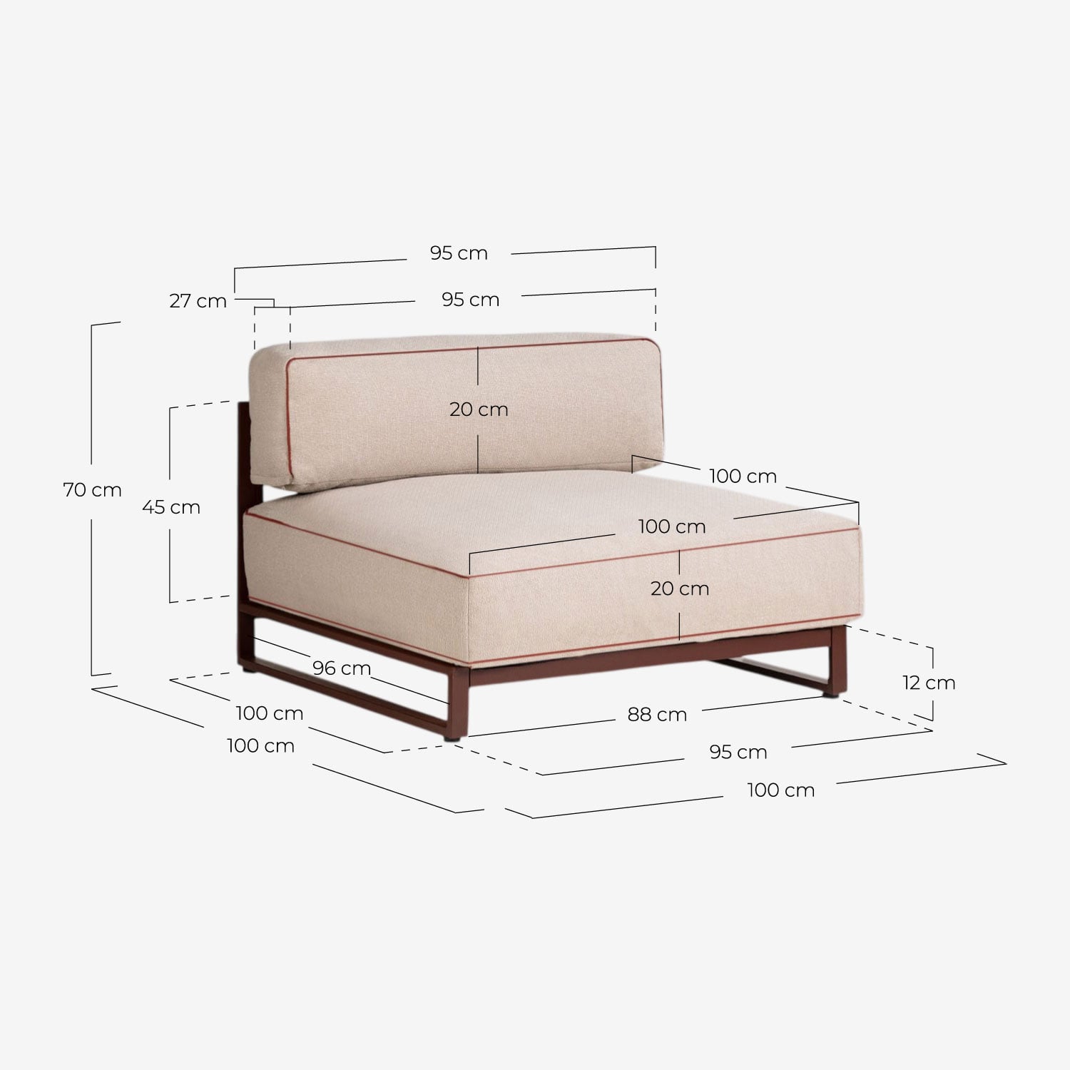 2-Teiliges Modulares Gartensofa Eckmodul und Mittelmodul mit Ottomane aus Metall und Stoff Kristen, Ma&szlig;e