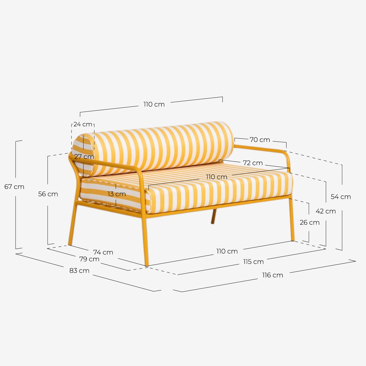 2-Sitzer Gartensofa aus Metall und Stoff Mitha, Ma&szlig;e
