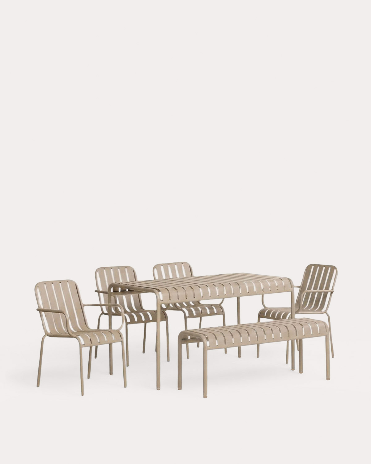 Set mit rechteckigem Tisch 130x80 cm, 1 Bank und 4 Gartenstühlen aus Metall Tavo