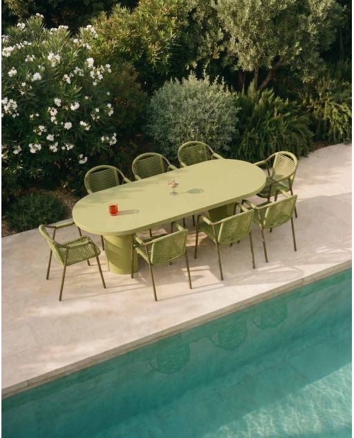 Ausziehbarer Tisch (Ø120-180x120 / 240x120 cm) Beca und 8 Stühle mit Armlehnen aus Metall und Seil Murna Outdoor