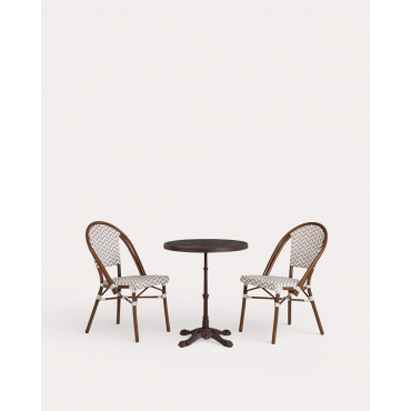 Yona Bistro-Essgruppe mit rundem Tisch (Ø 60 cm) und 2 Stühlen aus Metall und synthetischem Rattan Braun Clay - The Masie