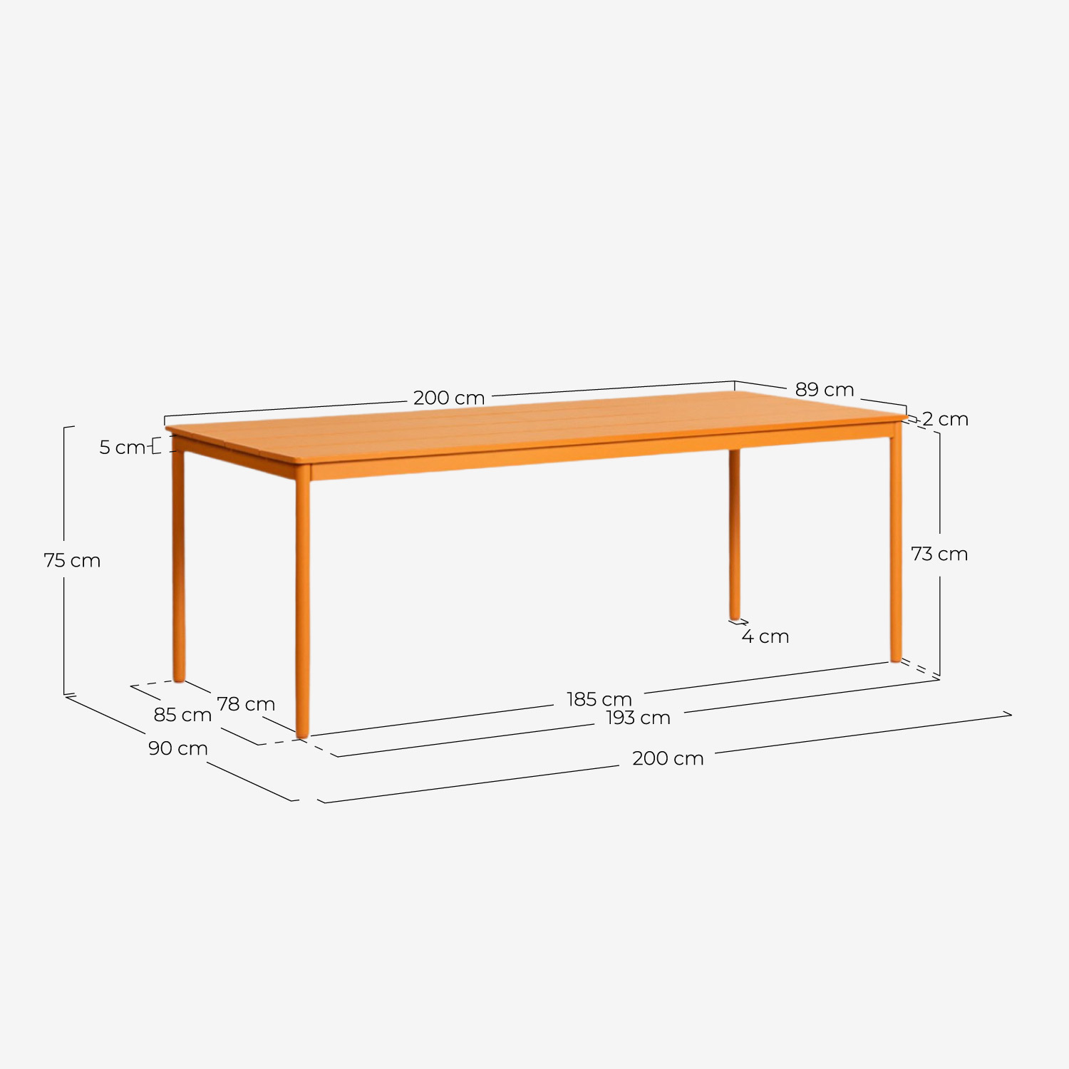 Rechteckiger Metall-Gartentisch (200x90 cm) Dessie, Ma&szlig;e