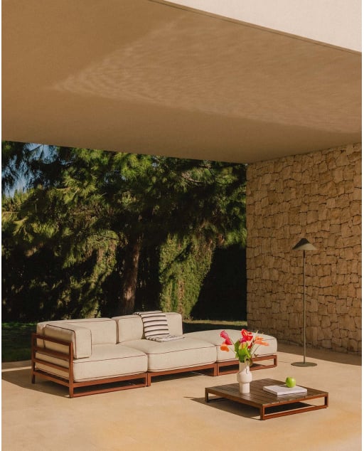 Modulares Gartensofa 2-teilig mit Eckmodul, Mittelmodul und Pouf-Modul aus Metall und Stoff Kristen