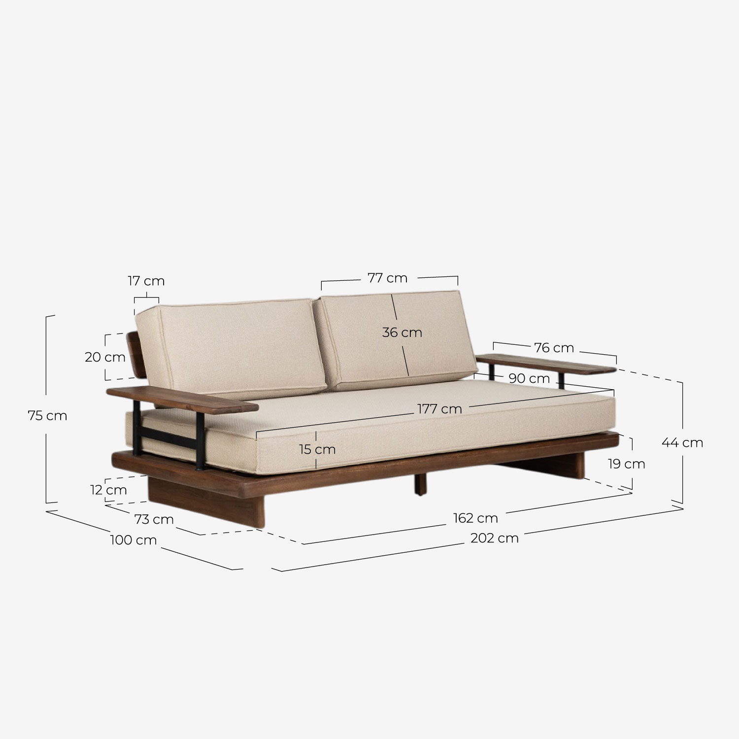 2-Sitzer-Gartensofa aus Akazienholz und Metall Ayanis, Ma&szlig;e