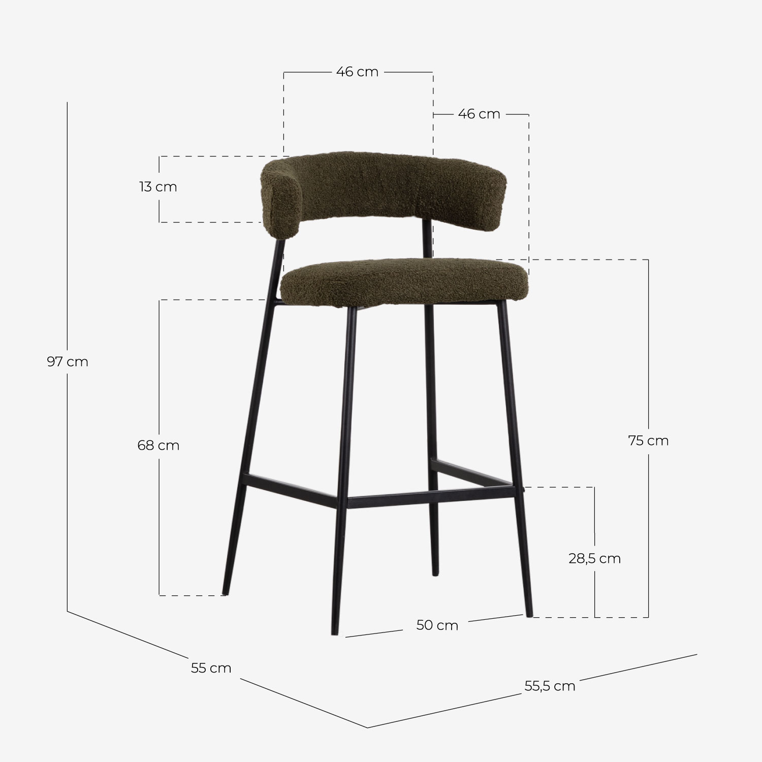Pack 2 Barhocker 75 cm aus Metall Eloise Bouclé, Ma&szlig;e
