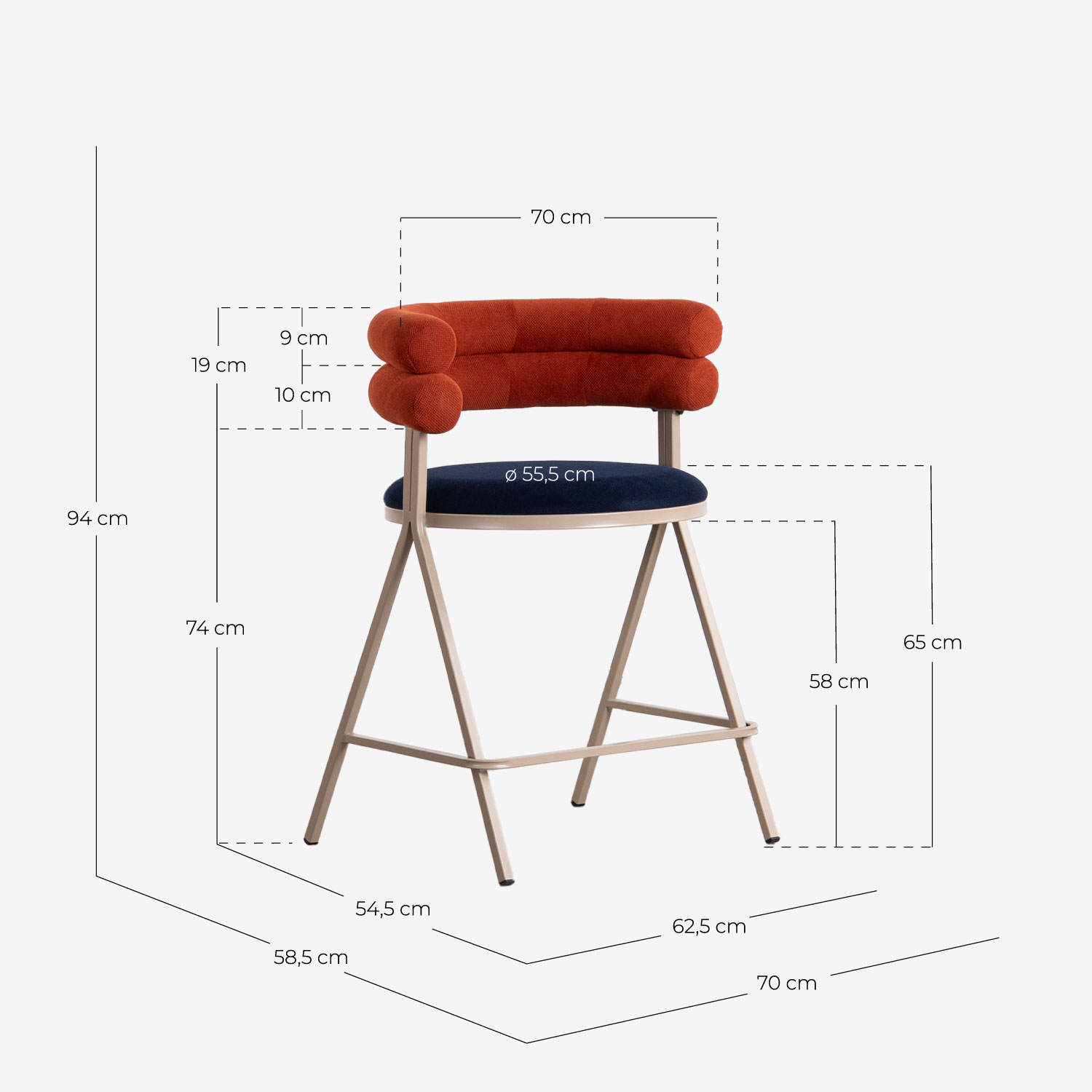 Hoher Barhocker 65 cm aus Stoff und Metall Aixa, Ma&szlig;e