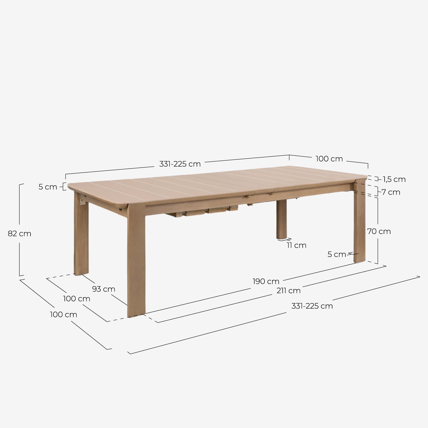 Ausziehbarer Gartentisch rechteckig 225-330x100 cm aus Zement und Akazienholz Ubel, Ma&szlig;e