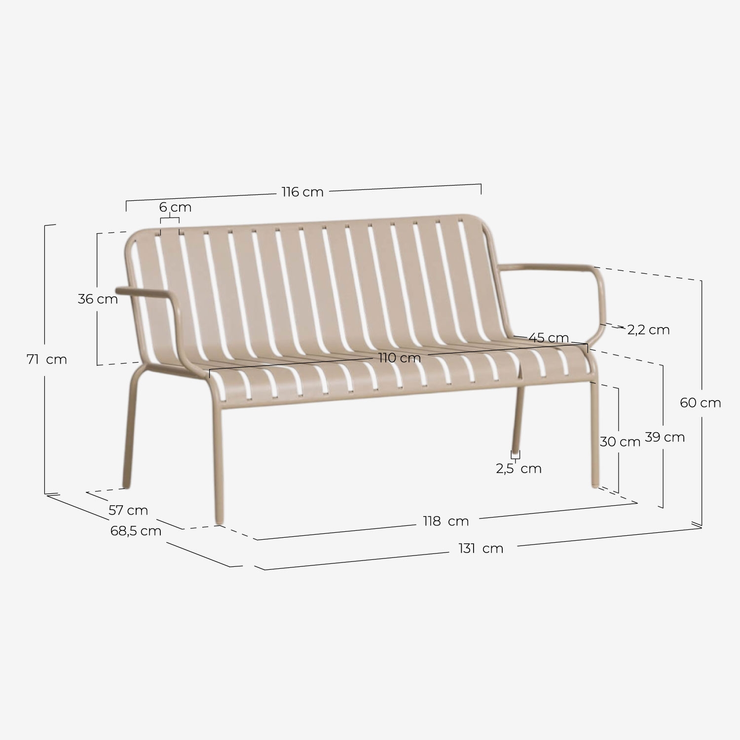 Garten-Set mit 2-Sitzer-Sofa, 2 Sesseln und Couchtisch aus Metall Tavo, Ma&szlig;e