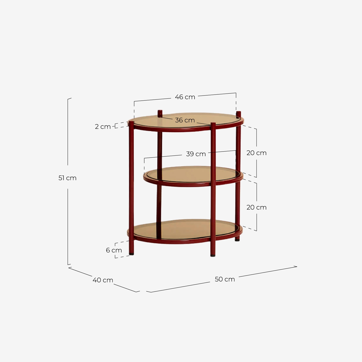 Ovaler nachttisch 50x40 cm aus metall und gehärtetem glas von Yerry, Ma&szlig;e