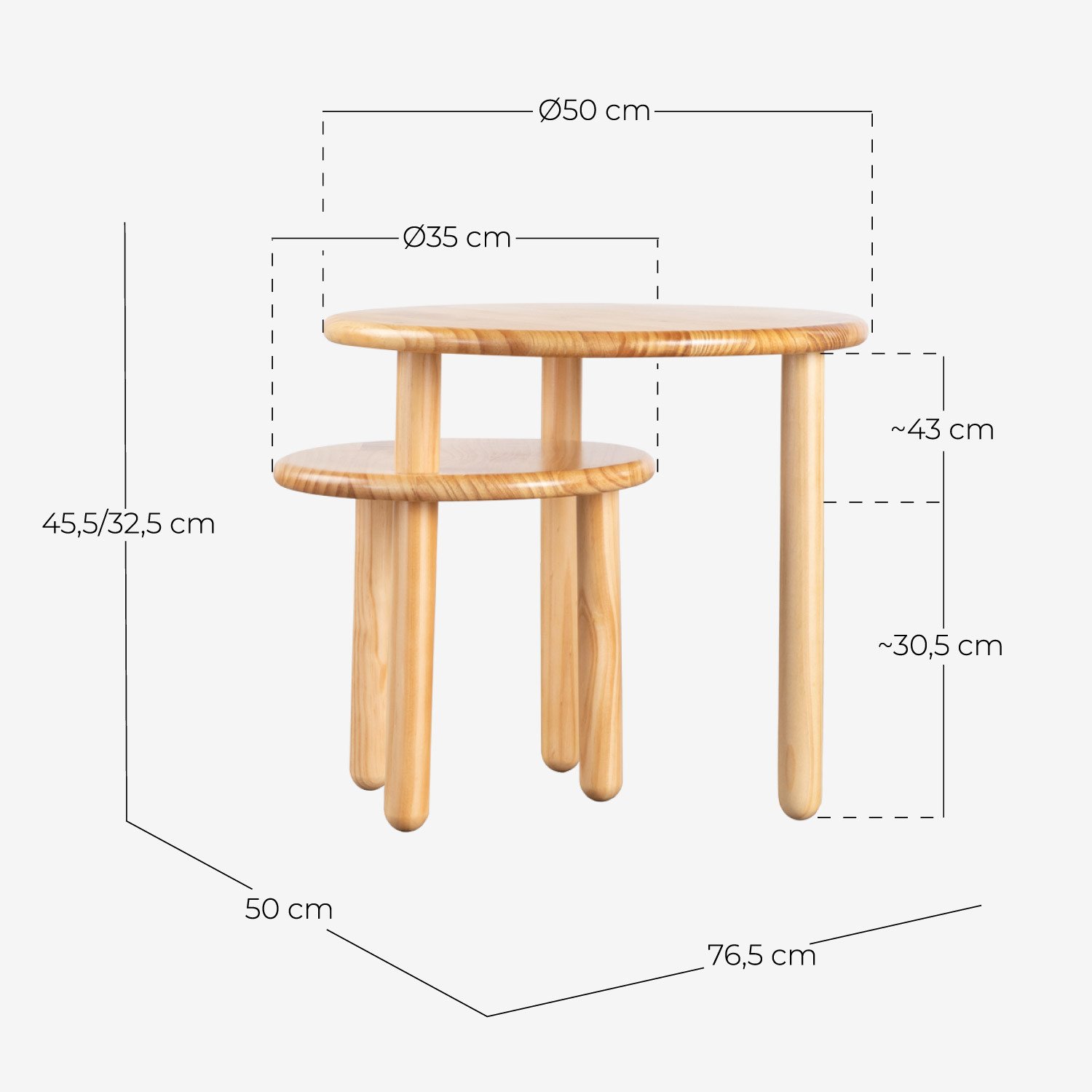 Mesa Auxiliar de Madera (Ø80 cm) Piy, medidas