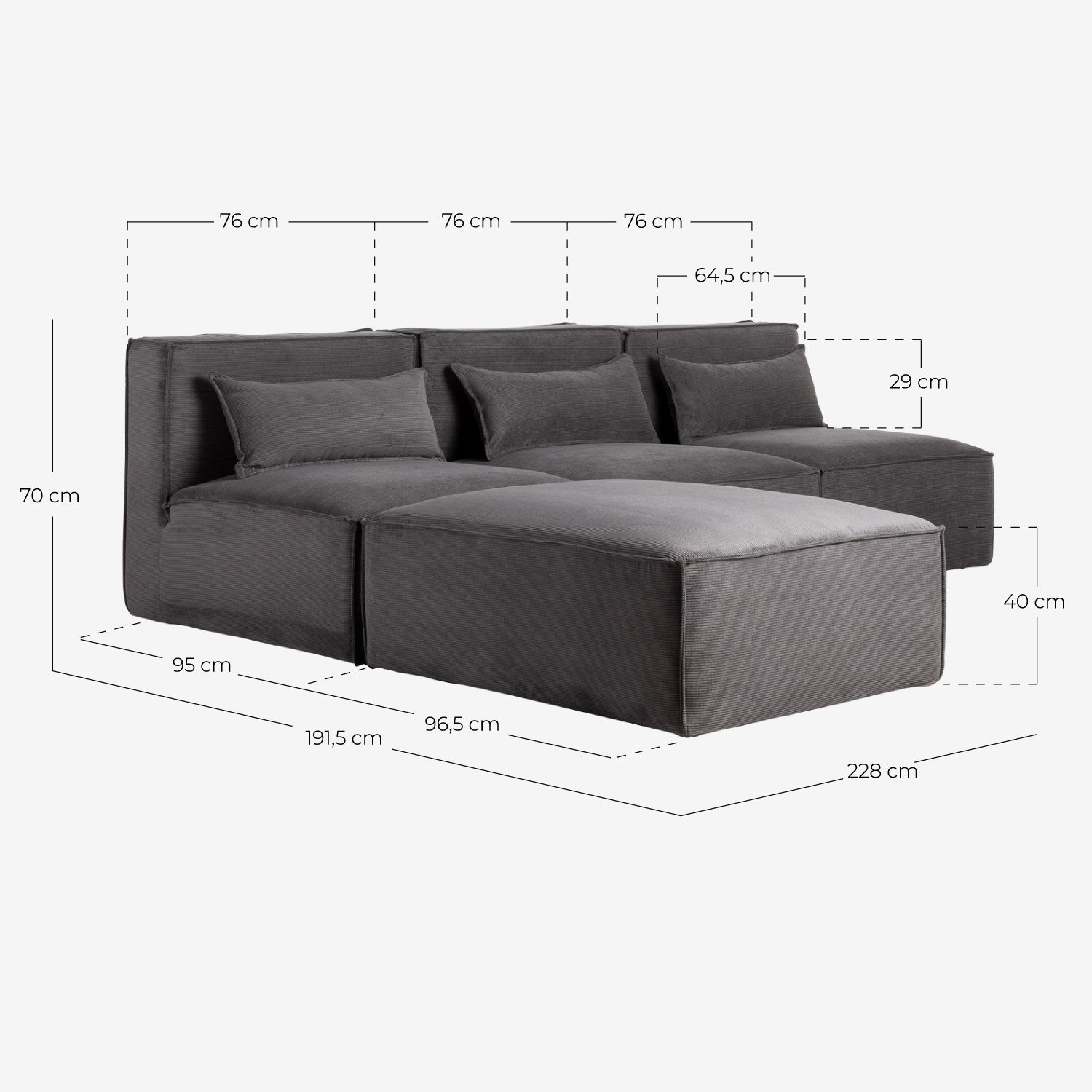 Sofá Modular de 3 Piezas y Puff de Pana Kilhe, medidas