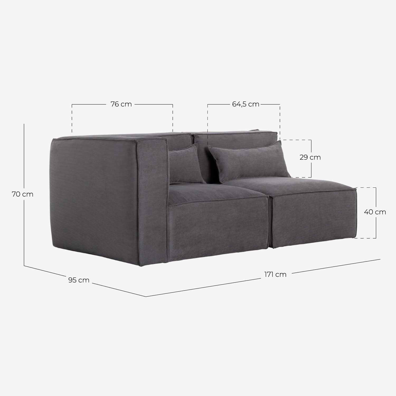Sofá Modular Esquinero de 2 Piezas de Pana Kilhe, medidas