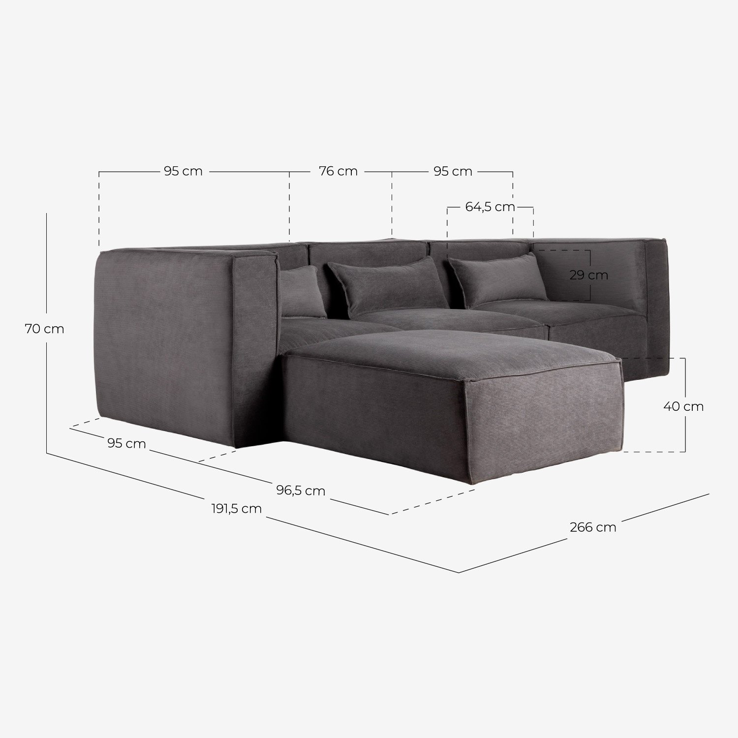 Sofá Modular de 3 Piezas con 2 Sillones Esquineros y Puff de Pana Kilhe, medidas