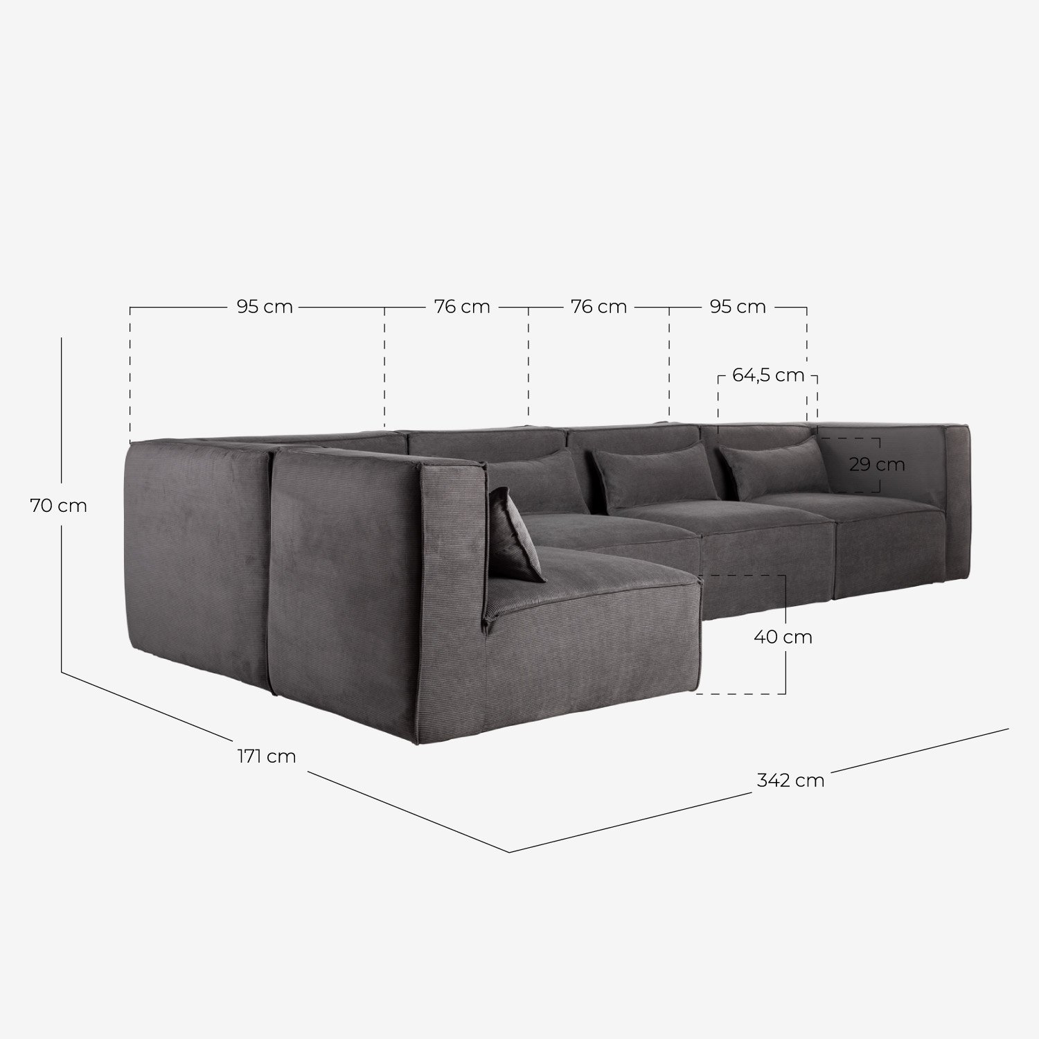 Sofá Modular de 5 Piezas con 2 Sillones Esquineros de Pana Kilhe, medidas
