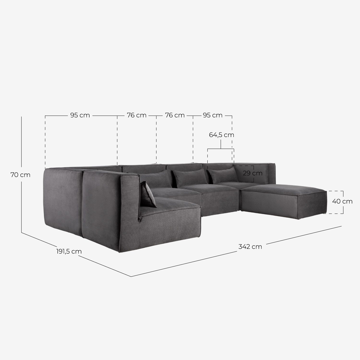 Sofá Modular de 5 Piezas y Puff de Pana Kilhe, medidas