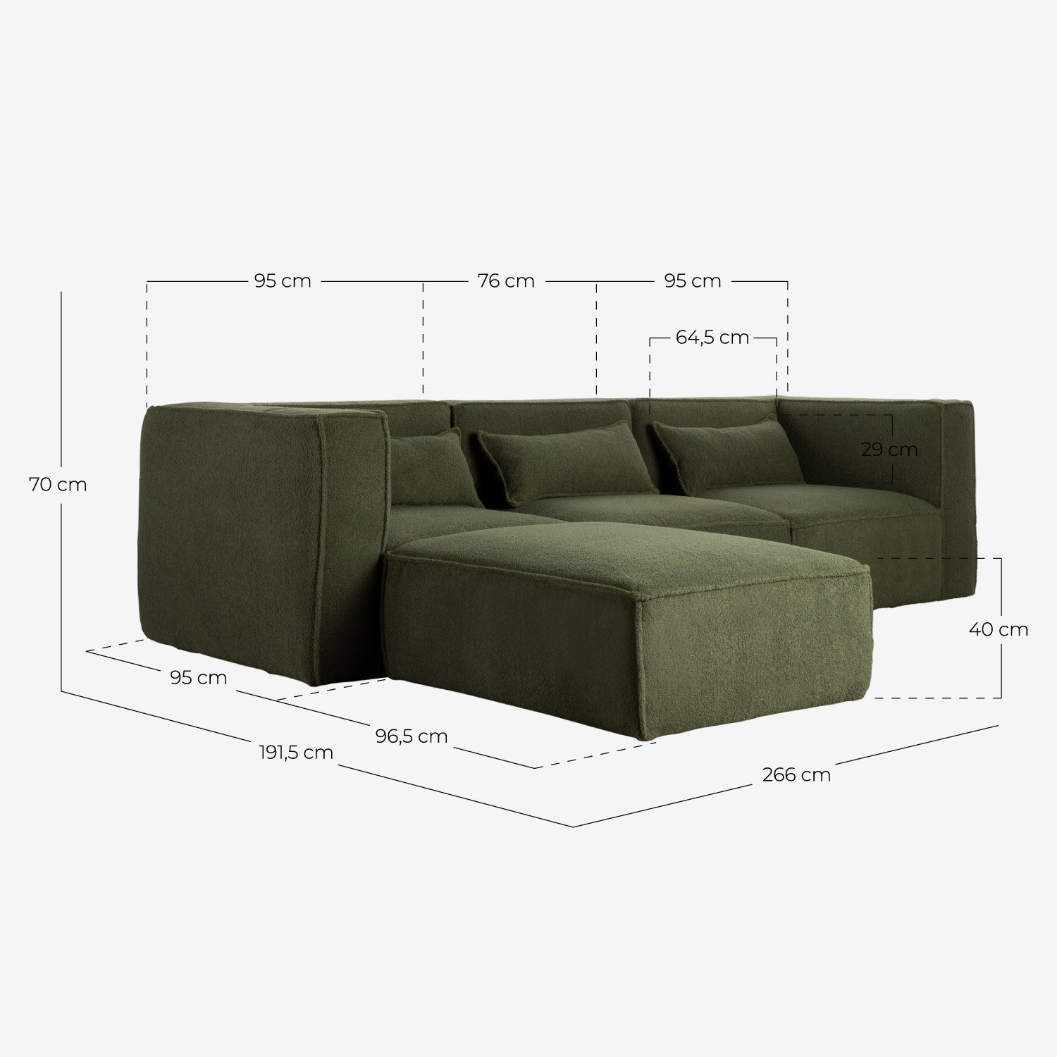 Sofá Modular de 3 piezas con 2 Sillones Esquineros y Puff de Tela Bouclé Kilhe , medidas