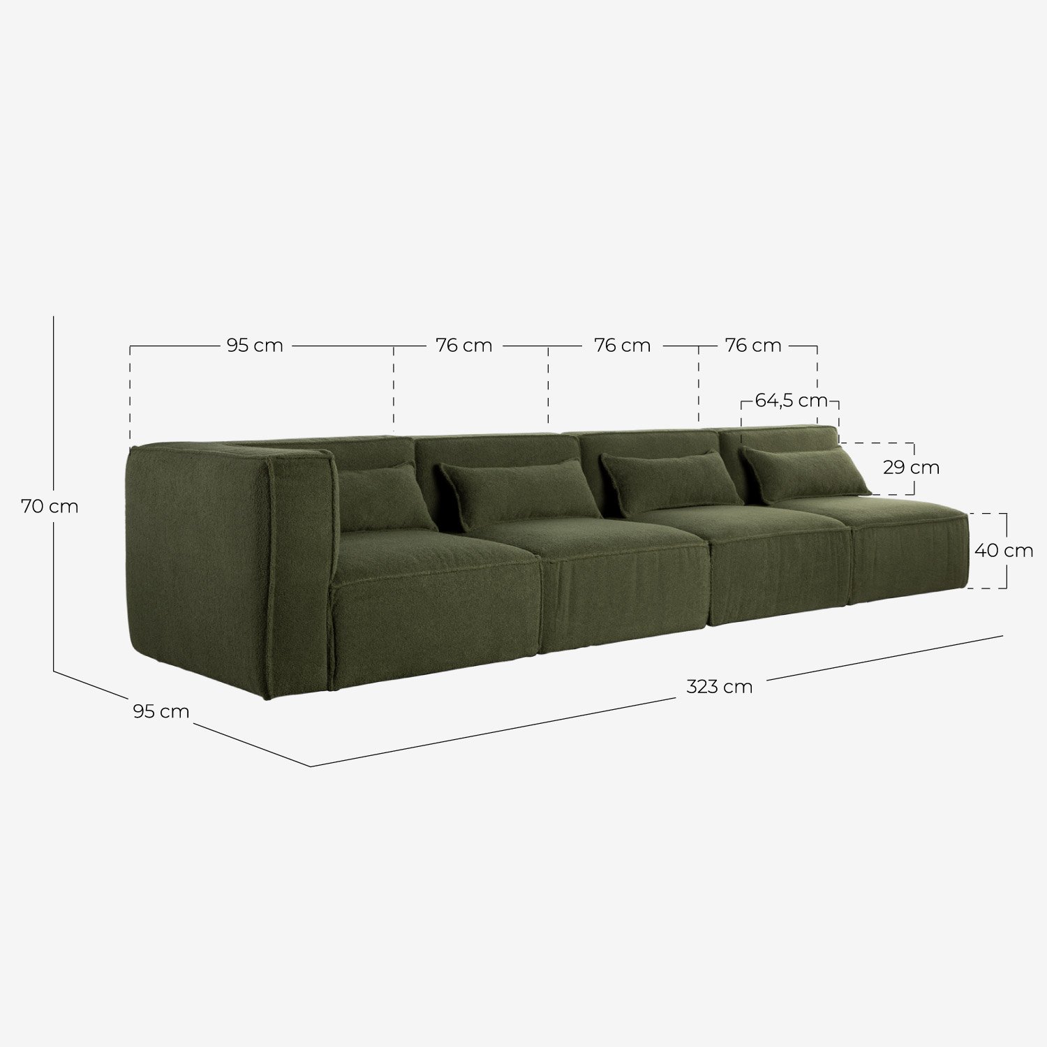 Sofá Modular de 4 piezas con 3 Sillones de Tela Bouclé Kilhe, medidas