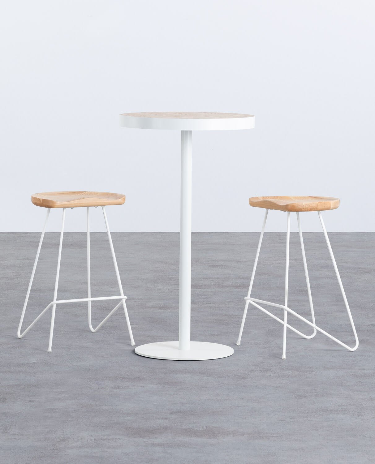 Set de Mesa Alta Redonda (Ø60 cm) Zoar y 2 Taburetes de Metal y Madera Roses, imagen de galería 1