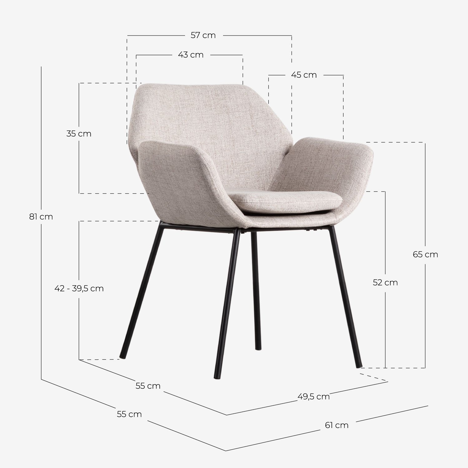 Silla de Comedor de Metal con Reposabrazos y Tela Eider, medidas