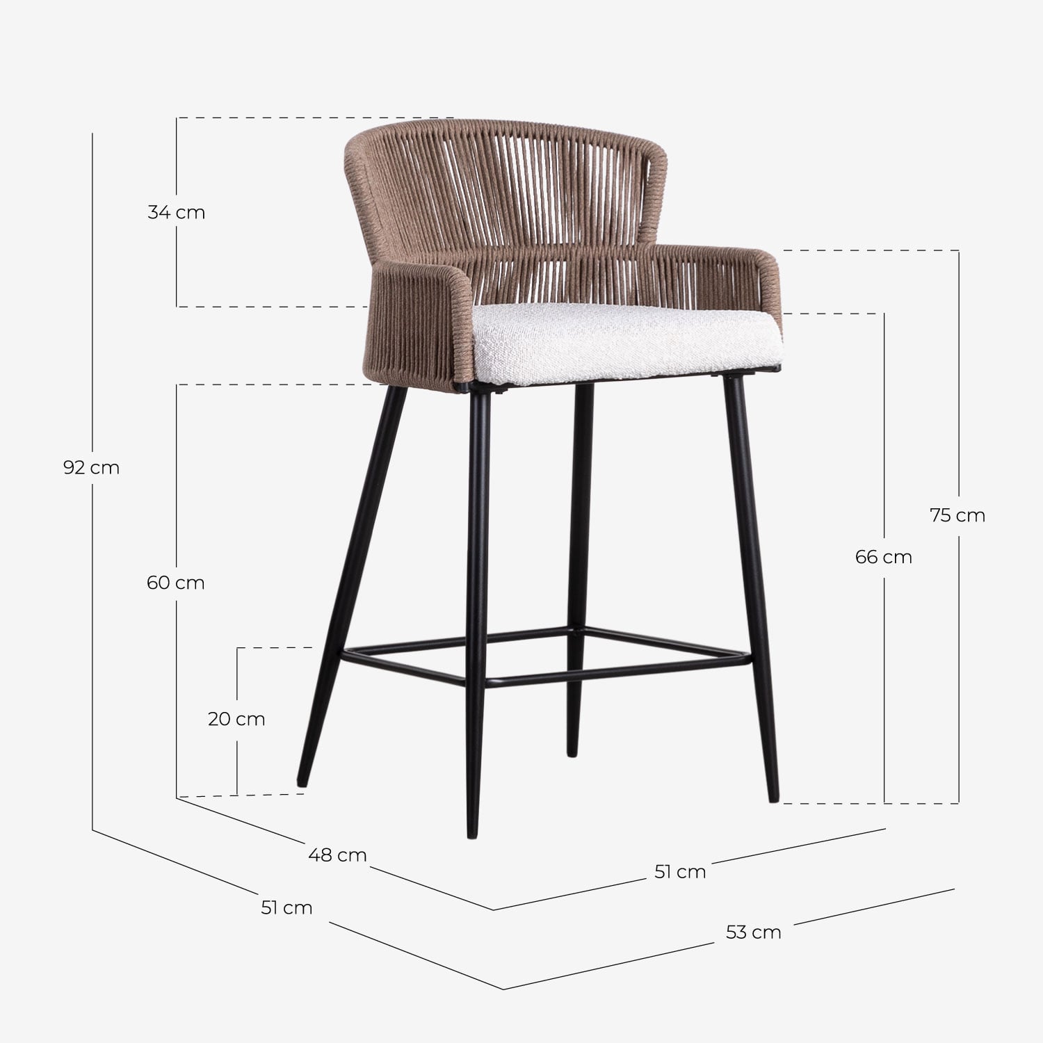 Taburete Alto de Tela y Cuerda (65 cm) Drean , medidas