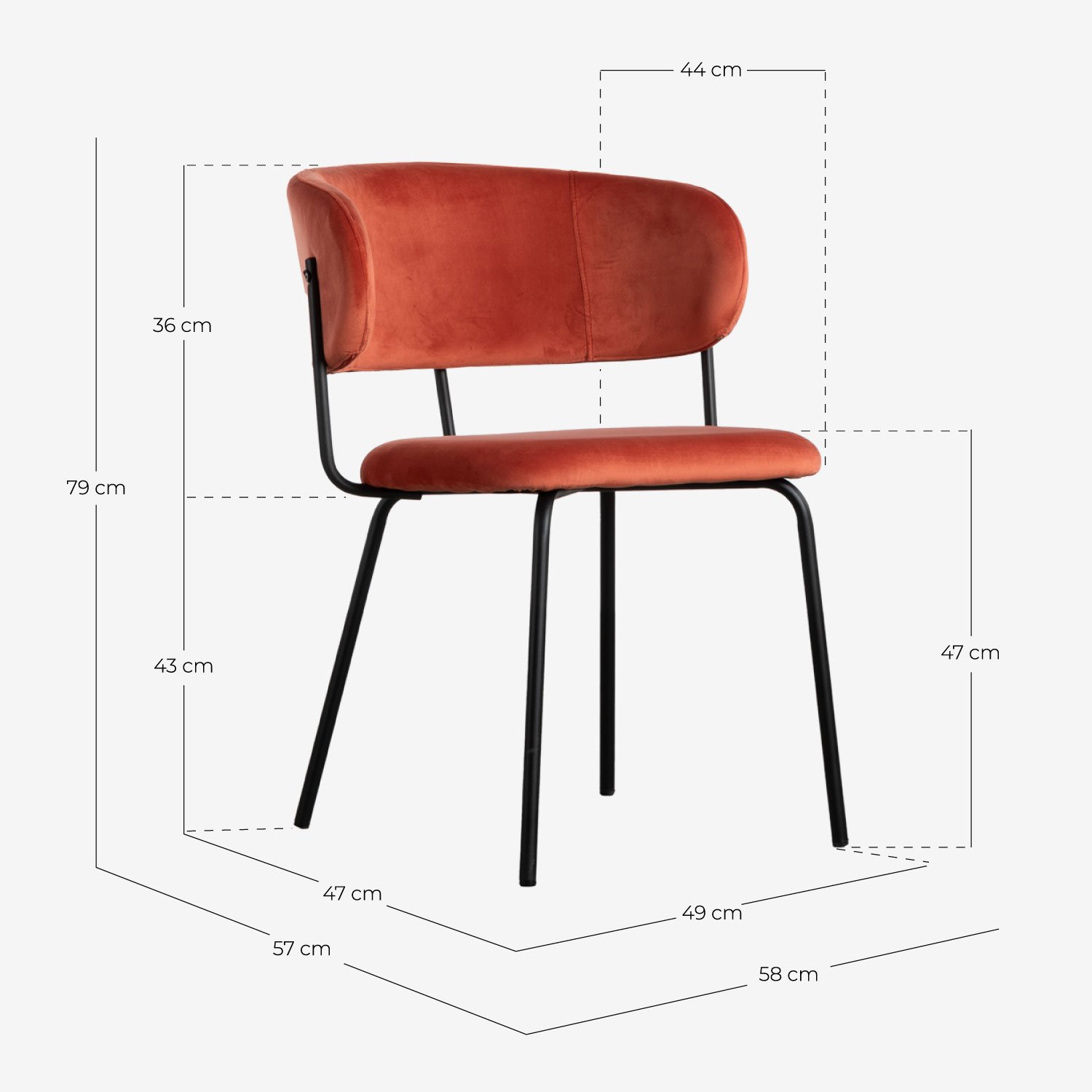 Pack 4 Sillas de Comedor de Terciopelo y Metal Bonse, medidas