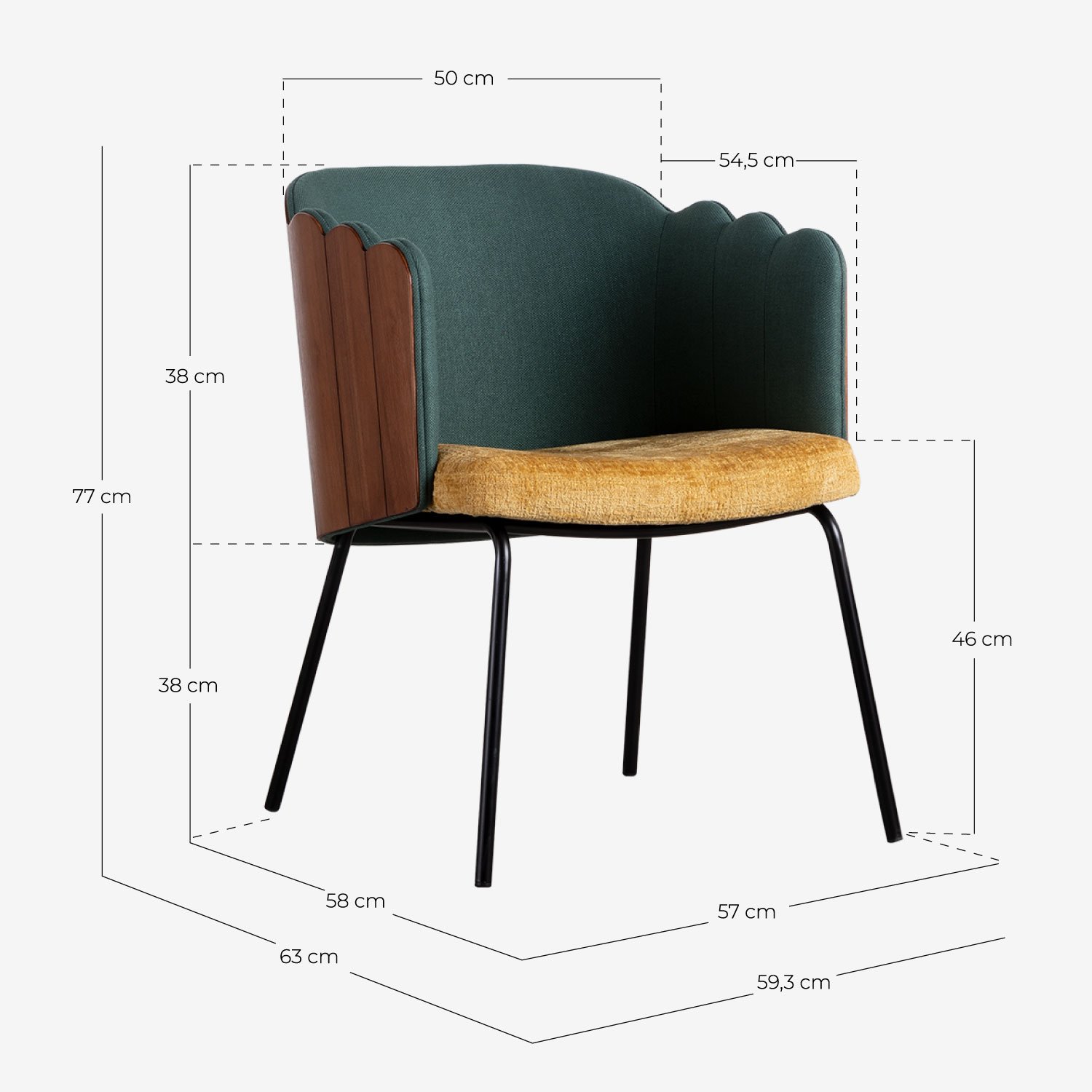 Pack 2 Sillas de Comedor de Madera y Tela Rene, medidas