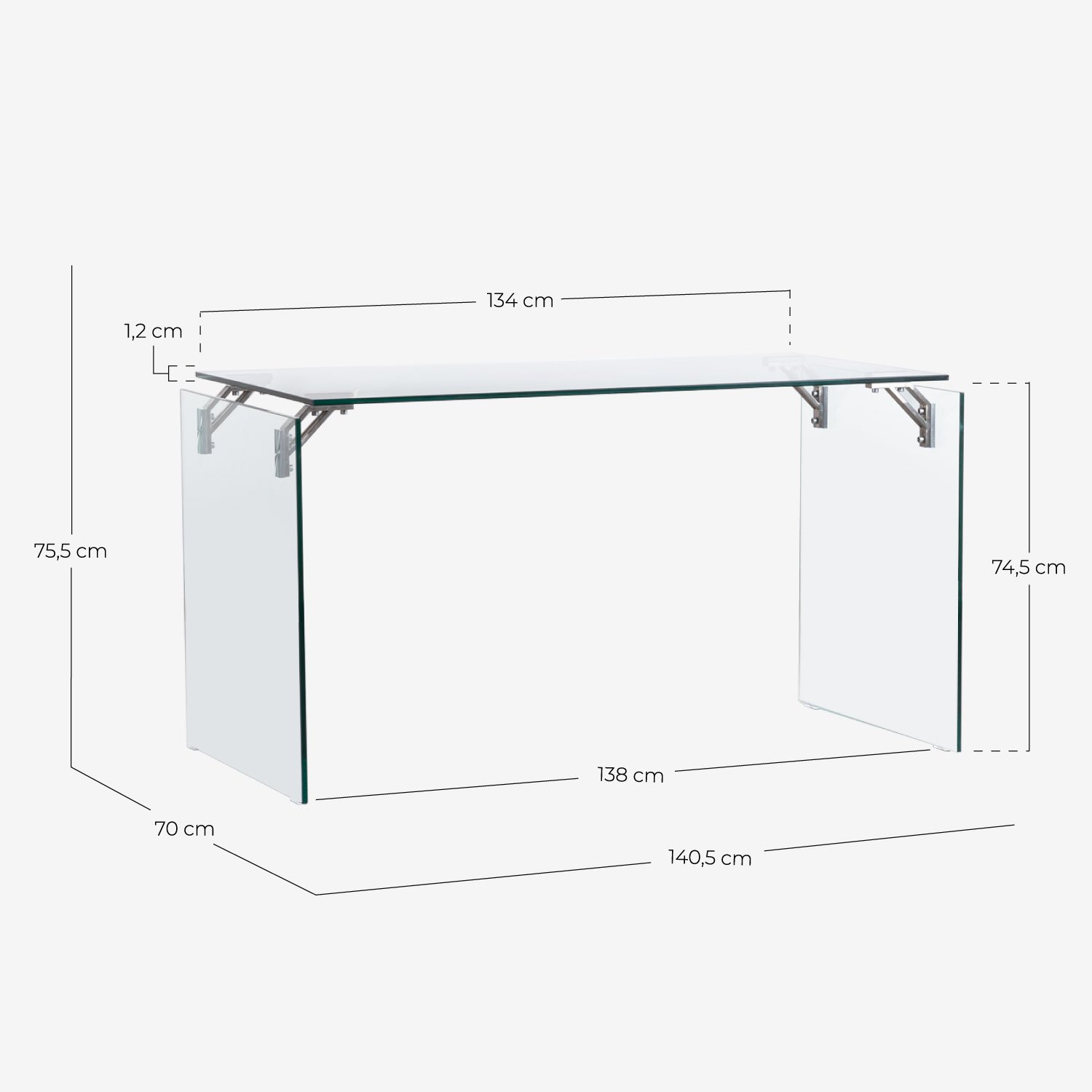 Set de Escritorio de Cristal Templado (134x70 cm) Arey y Silla de Escritorio Vintage Respaldo Bajo Aras, medidas