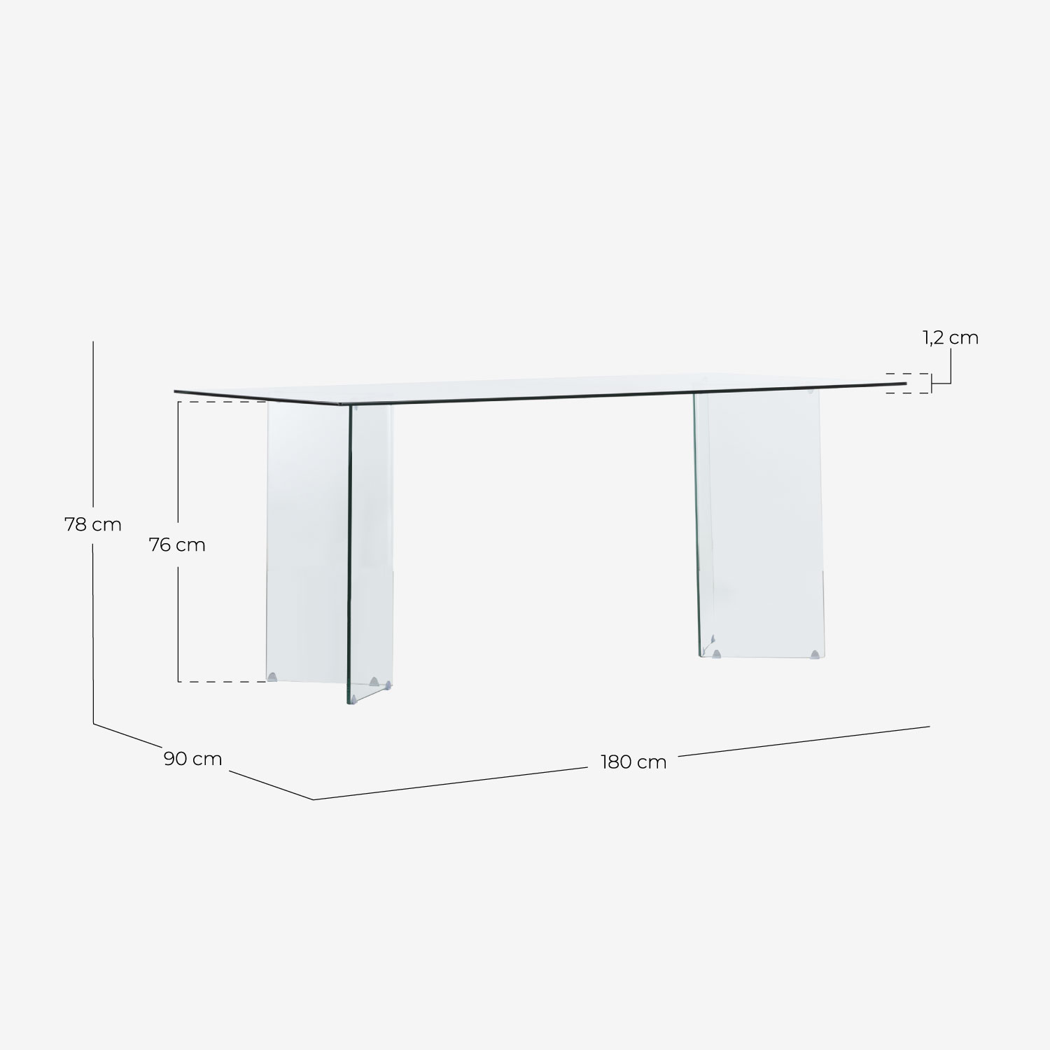 Set de Mesa de Comedor Rectangular de Cristal Templado (180x90 cm) Kamil y 4 Sillas de Madera Rene, medidas