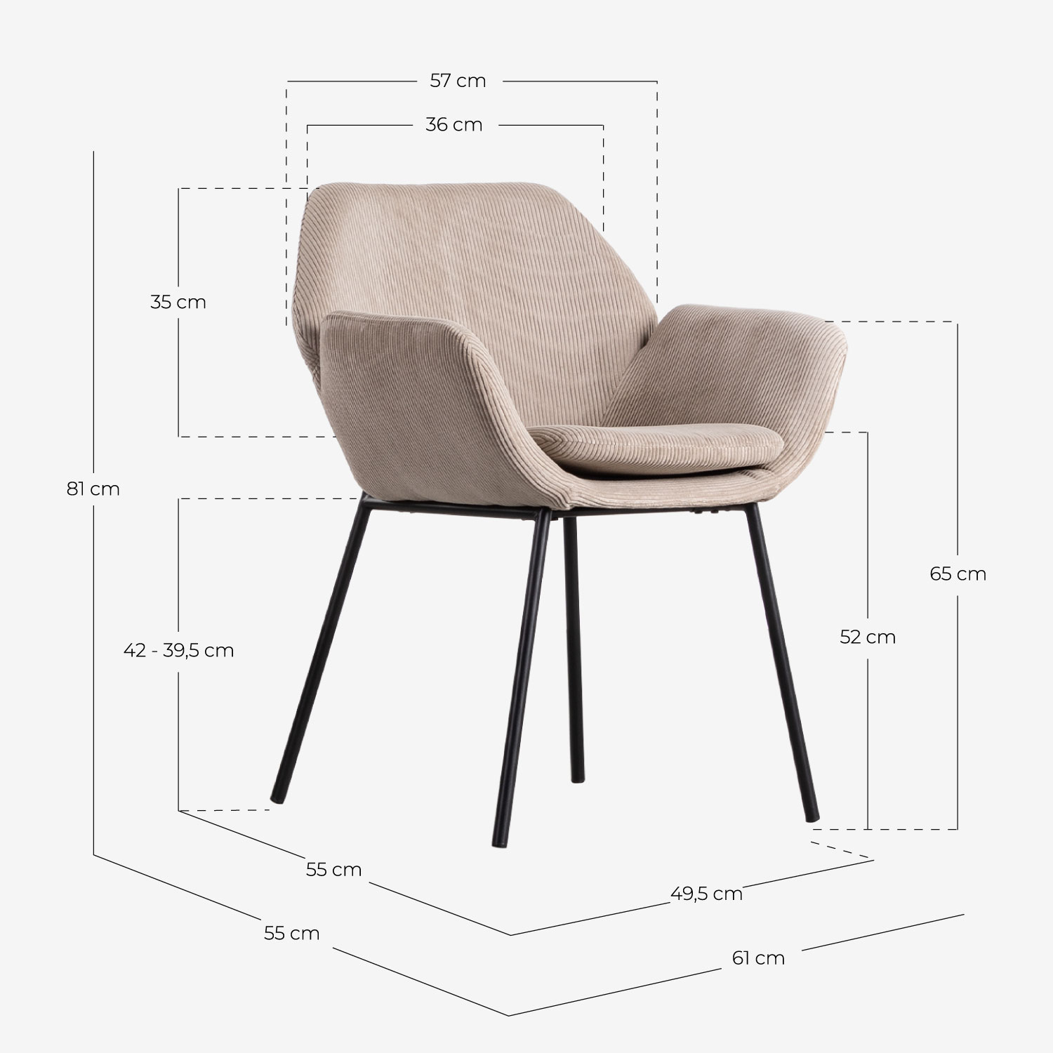 Silla de Comedor de Metal con Reposabrazos Eider Pana, medidas
