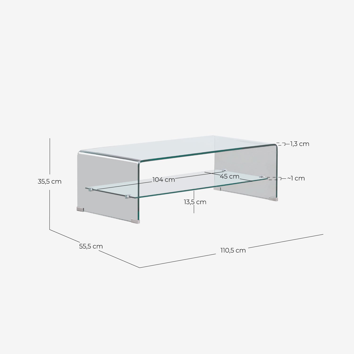 Mesa de Centro Rectangular de Cristal Templado (110,5 x 55,5 cm) Endil, medidas