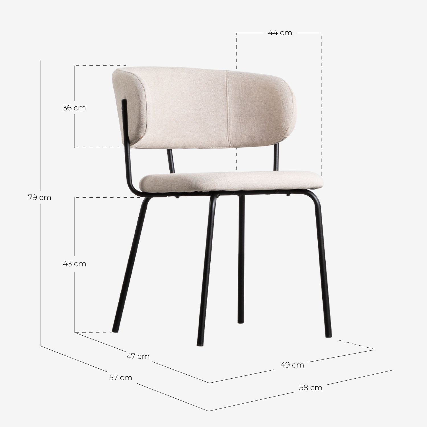 Set de Mesa de Comedor Redonda de Cristal (Ø120 cm) Vuoto y 4 Sillas de Tela Bonse, medidas