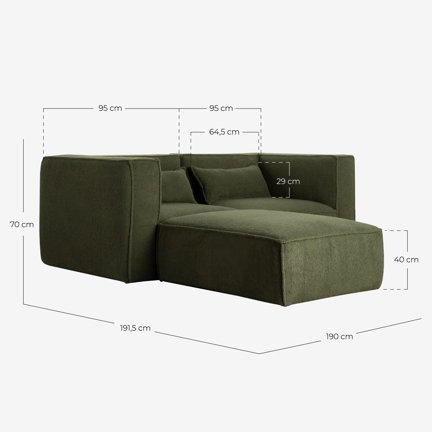 Sofá Modular de 2 Piezas Esquineras y Puff de Tela Bouclé Kilhe, medidas