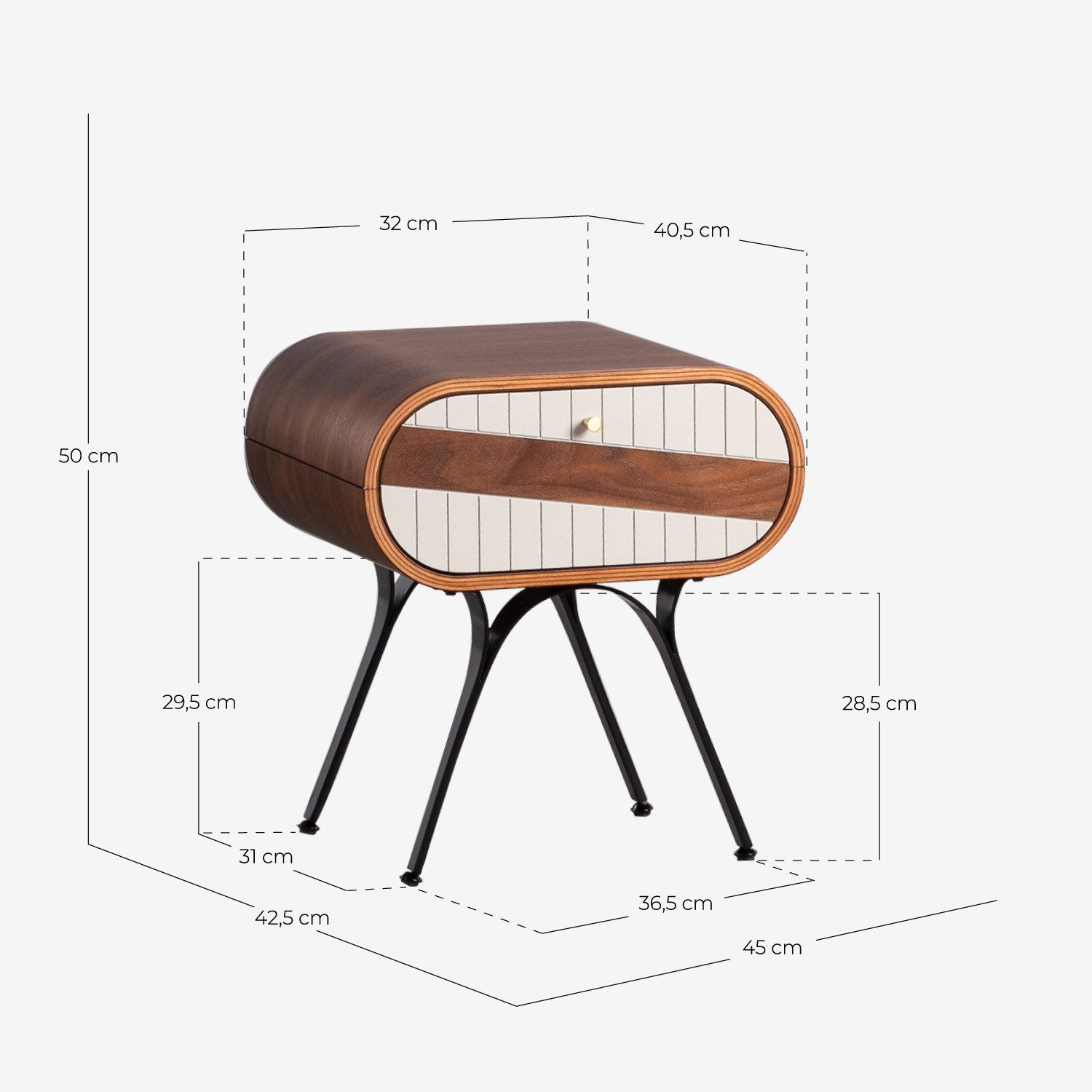 Pack 2 Mesitas de Noche con Cajón de Madera y Metal (45X42,5 cm) Inari, medidas