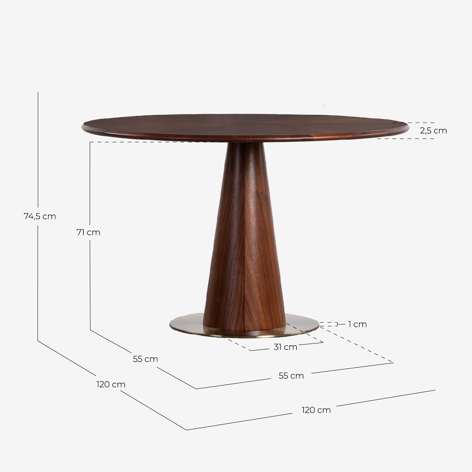 Set de Mesa de Comedor Redonda de Madera (Ø120 cm) Era y 4 Sillas de Tela Rene, medidas