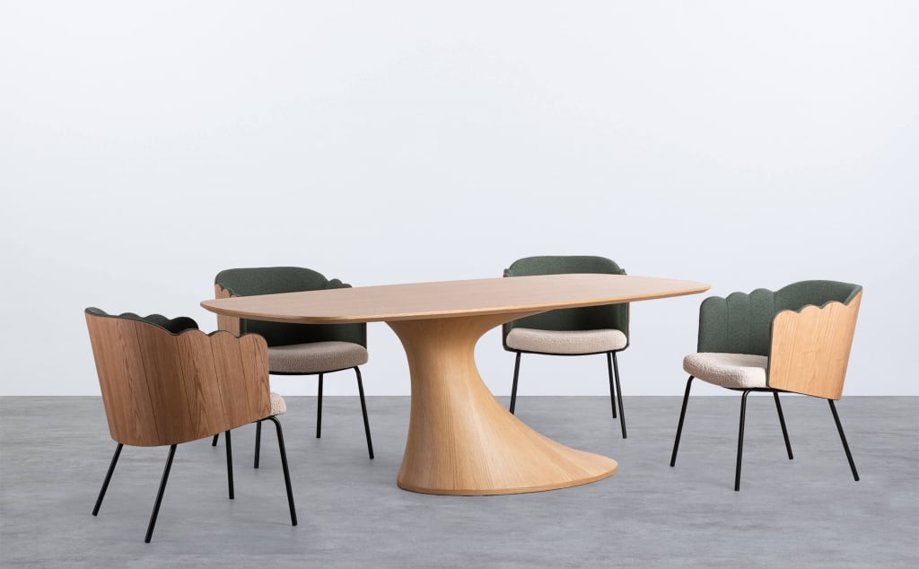 Set de Mesa de Comedor Rectangular de Madera Flawas y 4 Sillas de Tela Rene