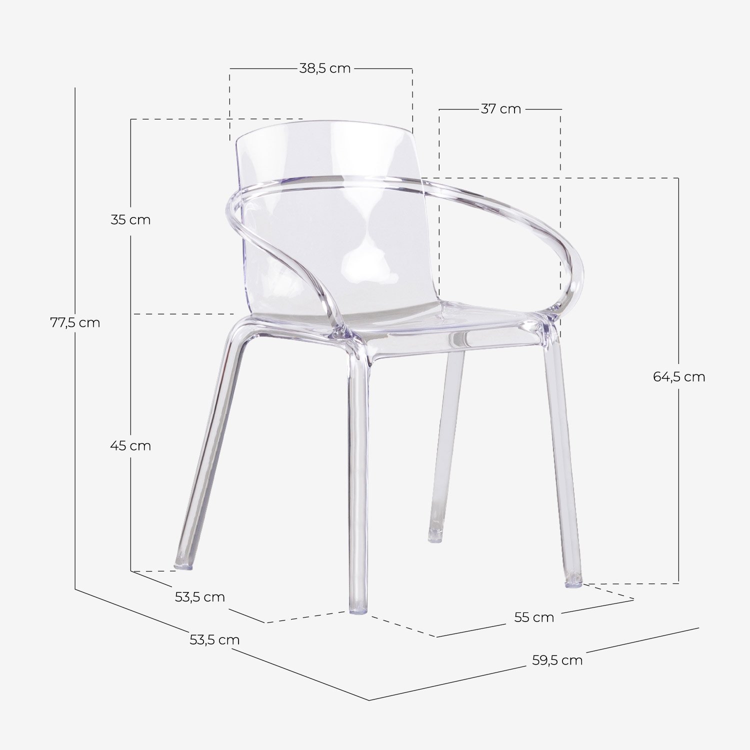 Pack 2 Sillas de Comedor con Reposabrazos de Policarbonato Zuera, medidas